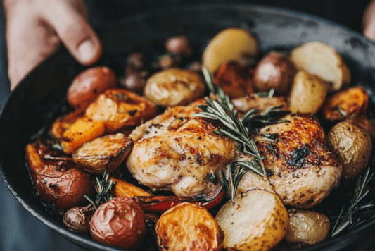 Sebzeler ve Patates ile Bir Tan Sarımsak Tereyağı Tavuğu