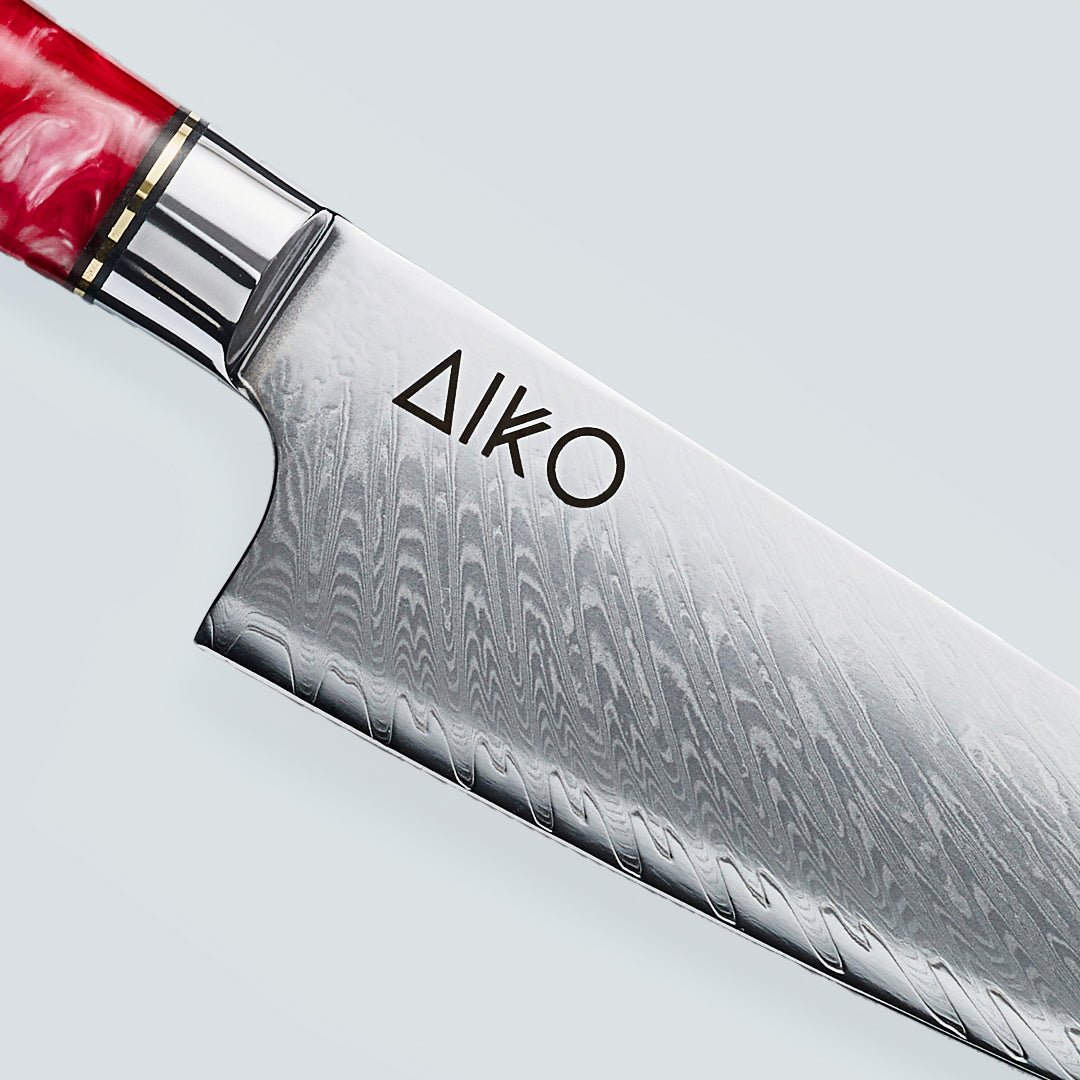Aiko Red (あいこ, アイコ) Renkli kırmızı reçine saplı Şam çelik bıçağı