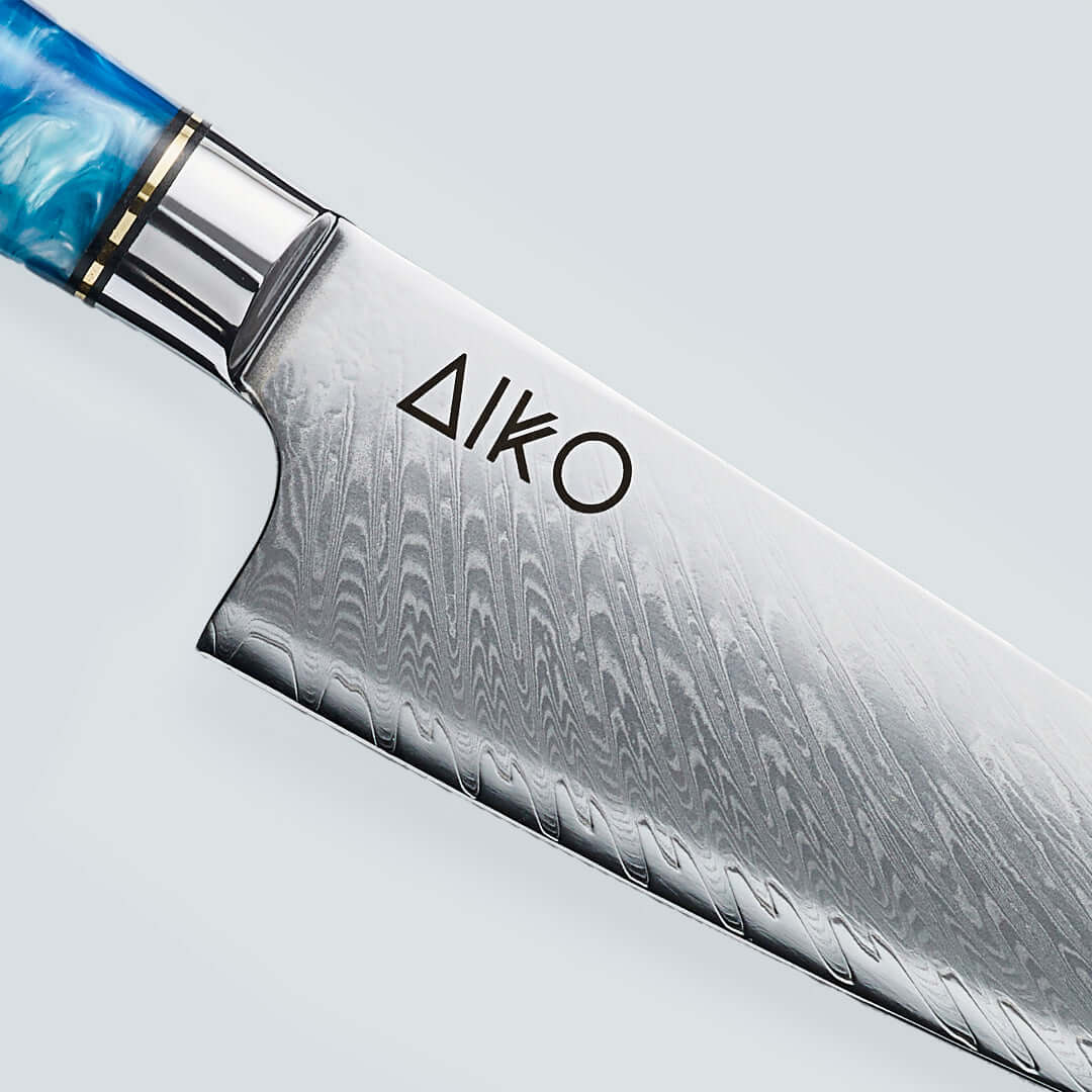 Aiko mavi (あいこ, アイコ) Renkli mavi reçine saplı Şam çelik bıçağı