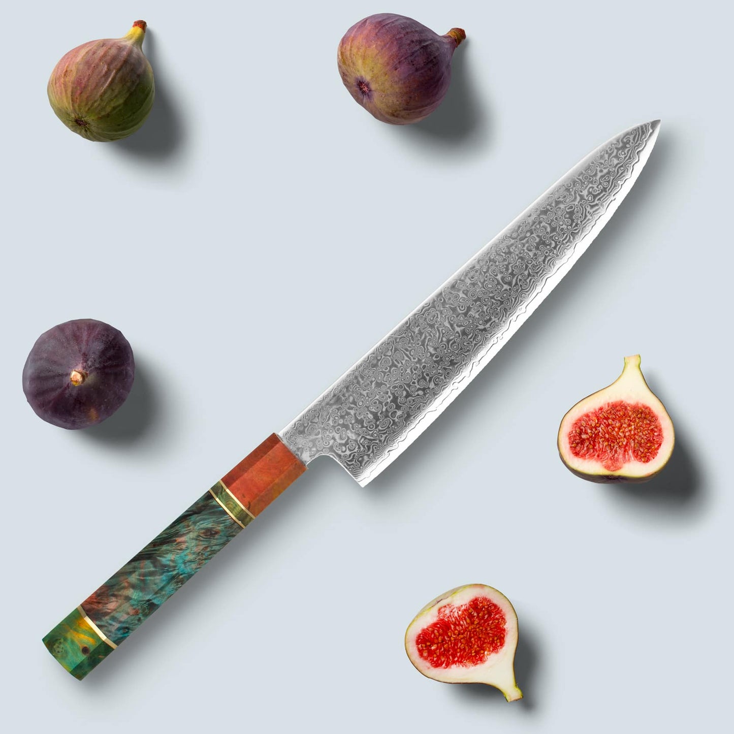 Ichika (いちか) Damascus çelik bıçağı renkli sekizgen saplı