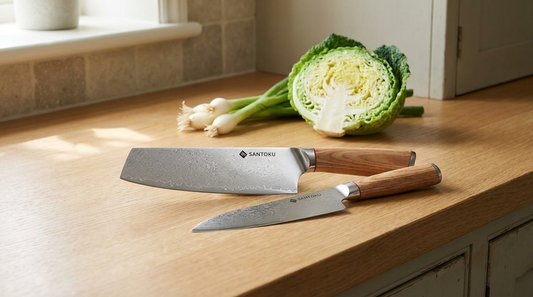 A Japanese-steel nakiri beside a smaller knife on an oak worktop with vegetables