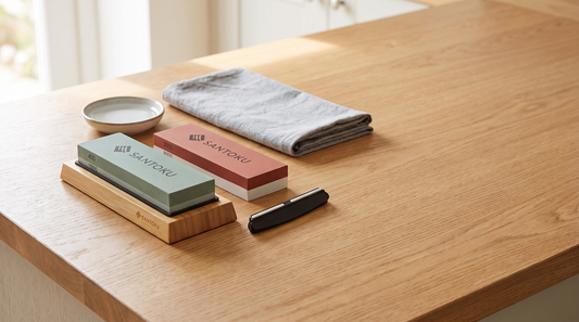 Japanese whetstone sharpening set with dual-grit stones, bamboo base and angle guide on a light-oak kitchen worktop