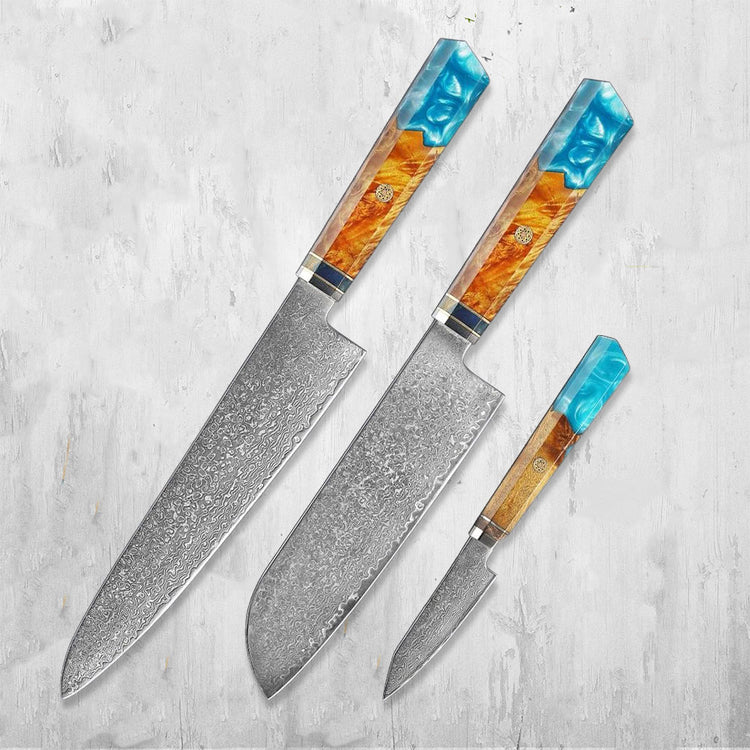 Makito Damascus Steel Knives With Coloured Blue Resin Handle