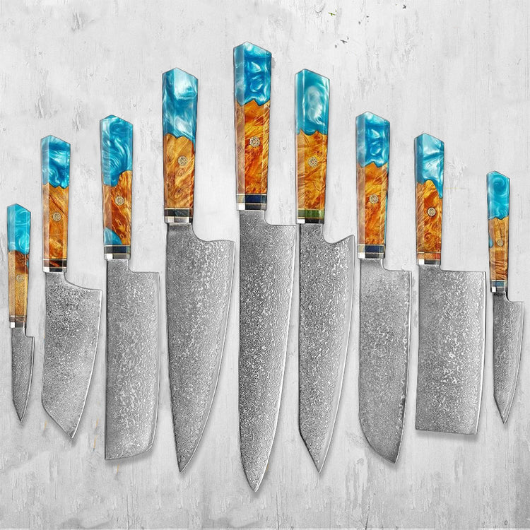 Makito Damascus Steel Knives With Coloured Blue Resin Handle