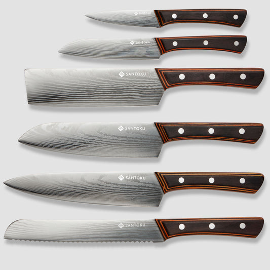 Yuhi 6-Piece Damascus-Pattern Kitchen Knife Set with Pakkawood Handles & Gift Box