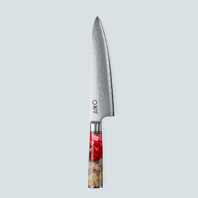 Aiko Red Damascus Steel Knife with Coloured Red Resin Handle