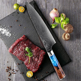 Renkli Mavi Reçine Saplı Gyuto Şam Çelik Bıçak