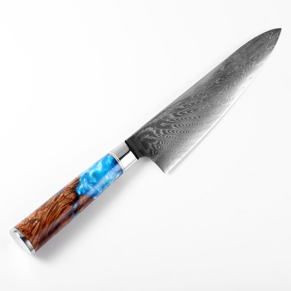 Gyuto (牛刀) Şam Çelik bıçağı renkli mavi reçine saplı